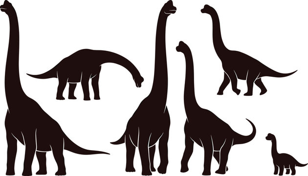 Sauropod Dinosaur Silhouette Collection with Long Neck Prehistoric Giants, Adult and Juvenile Poses, Extinct Animal Vector Illustration Set