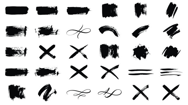 Collection of black brush strokes and marks on white background for graphic design