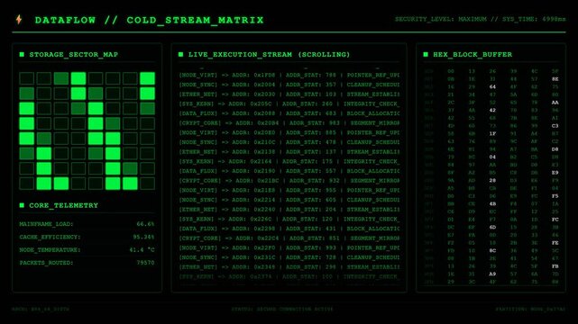Sci Fi HUD Screen Dataflow Cold Stream Matrix And Hex Block Buffer Animation.