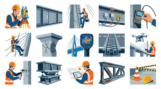 Civil Engineering and Construction Flat Vector Illustrations: Infrastructure Inspection, Maintenance, Safety, Repair