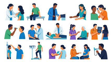 Fototapeta premium Healthcare Medical Check-ups Flat Vector Illustration Set with Doctors Patients