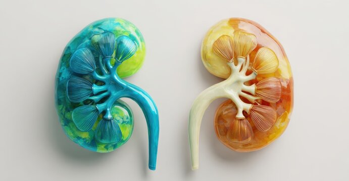 Anatomical illustration of human kidneys with vibrant color gradient and detailed internal structures