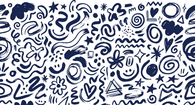 Seamless pattern with handdrawn abstract shapes, doodles, and scribbles