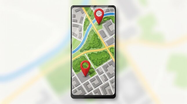 A smartphone screen showing a detailed map with two red location pins indicating a route or points of interest.