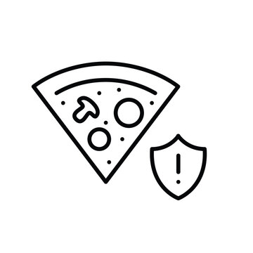 Food safety alert, fast food warning. Pizza and shield with exclamation mark. Pixel perfect, editable stroke vector icon