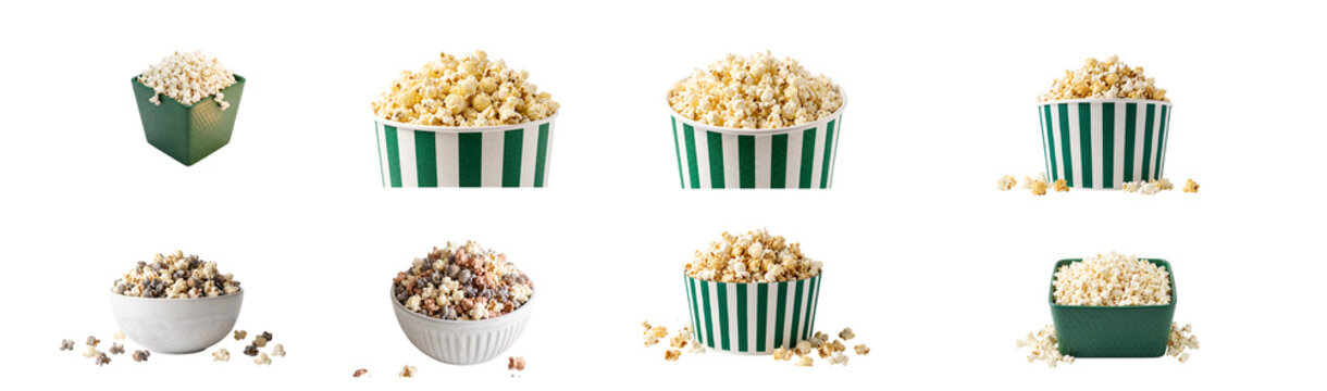 Bowls and buckets of fresh popcorn isolated on transparent background