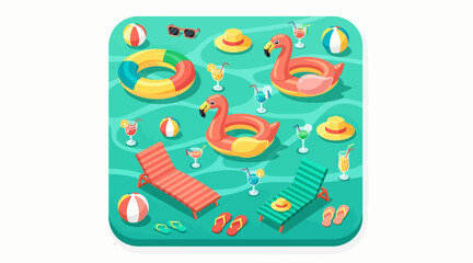 Naklejka premium Summer Pool Party Flat Icon Set: Flamingo Floats, Loungers, Drinks & Hats