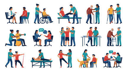 Fototapeta premium Medical Rehabilitation and Healthcare Therapy Flat Vector Illustrations: Patients, Doctors, Nurses, Caregivers.