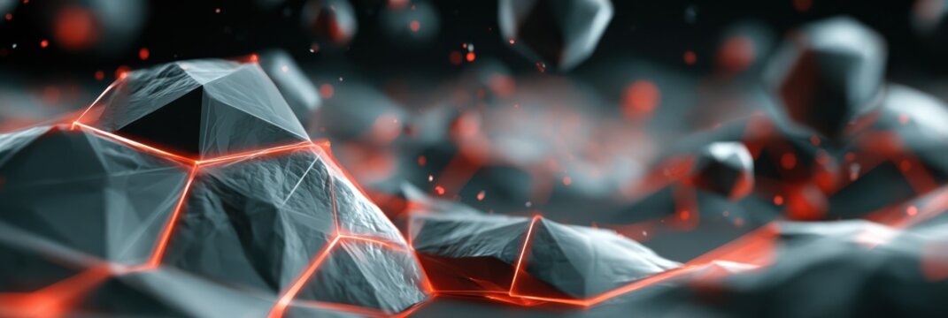 Abstract digital landscape featuring polygonal mountains with glowing red edges, set against a dark, blurred background.