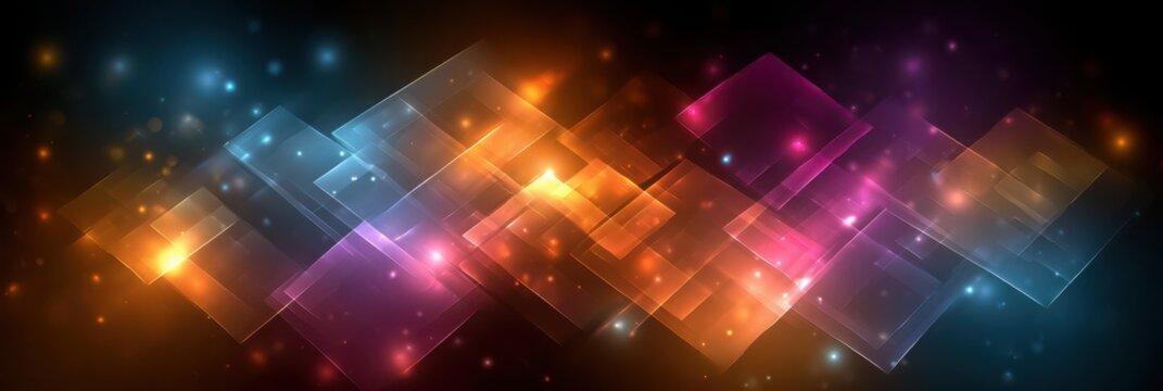 Abstract digital art featuring glowing, overlapping translucent squares in blue, orange, and purple hues on a dark starry background.
