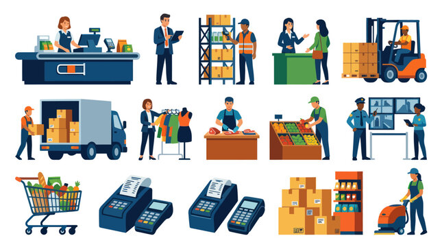 Flat Style Retail and Warehouse Scene with People, Products, and Equipment