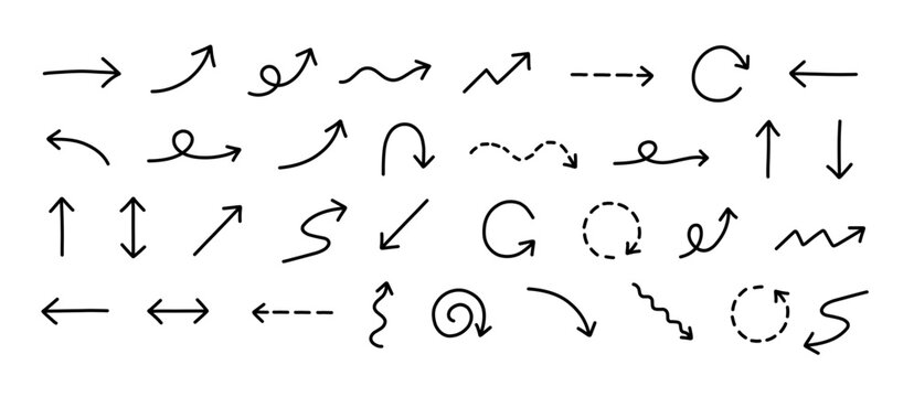Vector illustration of doddle arrow set. Hand drawn black ink arrows featuring diverse shapes, curves, and directions on a white background
