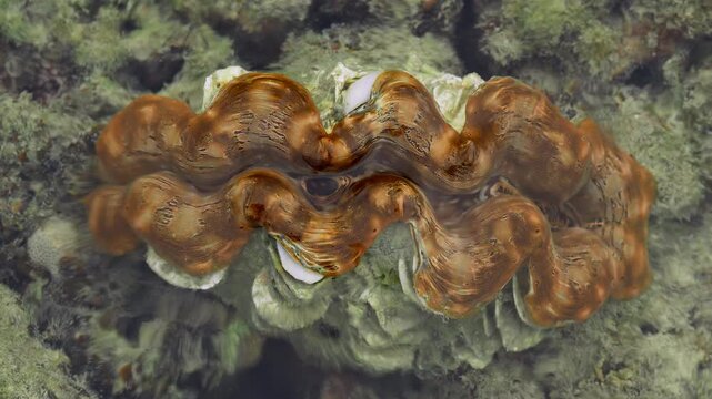Giant clam with colorful mantle in shallow tropical water
