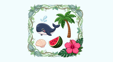 Obraz premium tropical summer vacation icons with whale and palm tree