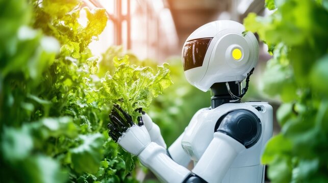 Robot tends to lush green lettuce plants inside a modern vertical hydroponic farm, showcasing the integration of advanced automation and sustainable agriculture technology for future food production.