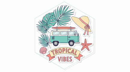 Fototapeta premium tropical travel sticker with van and palm trees