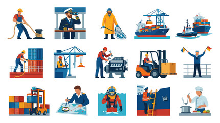 Naklejka premium Flat Vector Illustration Set: Maritime Industry, Port Logistics, Shipping, Seafaring Jobs Equipment