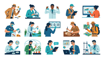 Fototapeta premium Flat Vector Character Illustrations of Diverse Science and Research Professionals Occupations Set