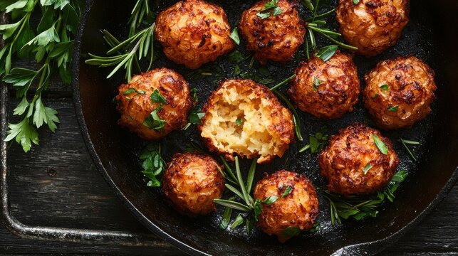 Golden crispy tater tots in cast iron skillet with fresh herbs rosemary and parsley overhead view natural lighting rustic kitchen setting comfort food