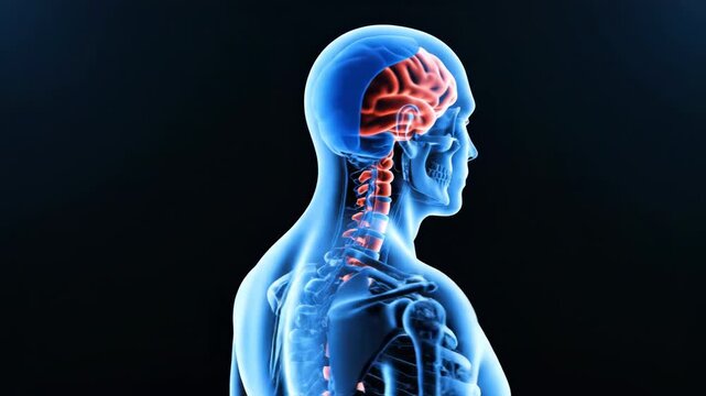 Glowing human brain, spine, and skeleton in scientific illustration