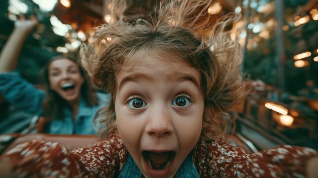A close-up of an excited child with wide eyes and open mouth, with a joyful woman blurred in the background.