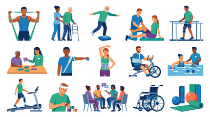 Fototapeta premium Physical Therapy and Rehabilitation Flat Vector Illustration Set. Medical Exercises, Recovery, and Healthcare Scenes