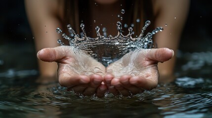 Fototapeta premium Crown water splash formed by cupped hands creating perfect liquid crown with crystal clear droplets above palms captured in dramatic high-speed photography