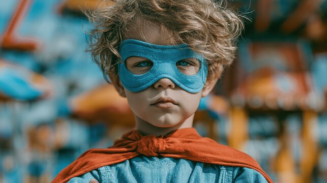 A young child with curly hair wears a blue superhero mask and an orange cape, standing confidently outdoors with a blurred colorful background.
