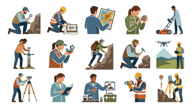 Geologist Flat Vector Icons Set, Science Field Work and Equipment
