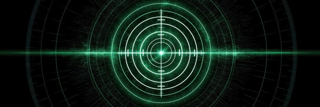 A futuristic digital radar interface with concentric circles, grids, and glowing green lines on a black background, evoking technology and detection systems.