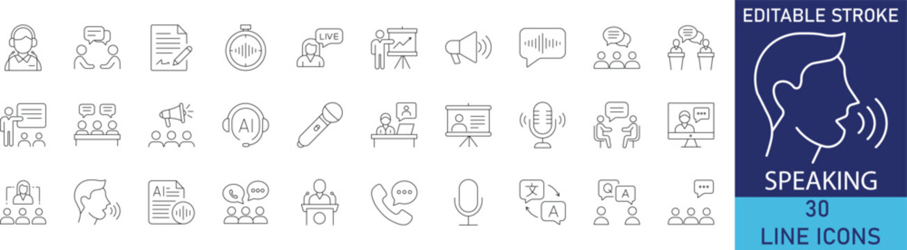 Public speaking communication and vocal presentation line icon set. Vector symbols for keynote speech, microphone performance, language talking, voice record, and orator dialogue.