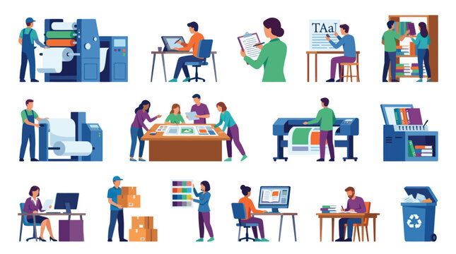 Printing and Graphic Design Services Flat Icons Set: Production, Collaboration, and Administration