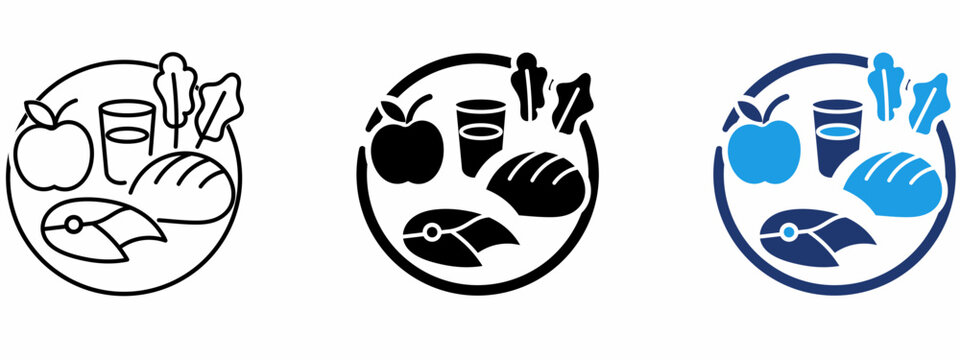 Healthy Eating Plate icon collections. Containing Fish, Apple, Bread, Salad, Water and more icons.