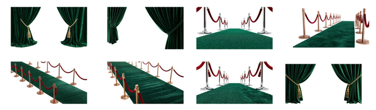 Green velvet curtains and green carpet with red rope stanchions, isolated on transparent background
