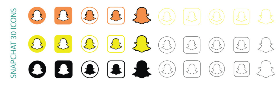 Set of snapchat ghost logo icons in various colors and styles