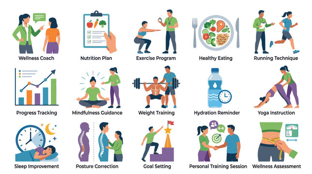 Healthy Lifestyle Flat Icons Set: Wellness Coach, Nutrition, Exercise, Yoga