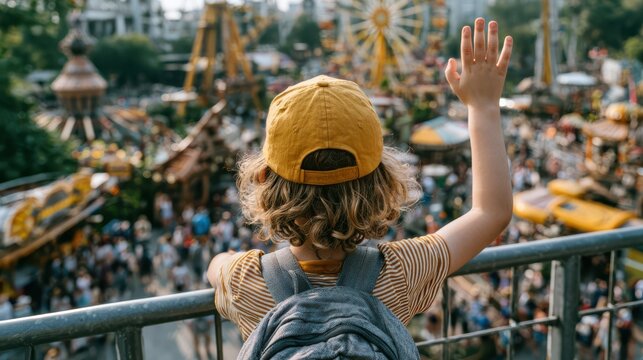 A child with a yellow cap and backpack waves while overlooking a lively amusement park filled with rides and a crowd of people.