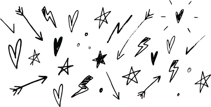 Bold brush doodle shapes with graffiti hearts stars and funky street art vector elements
