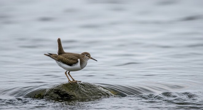 Small sandpiper bird standing on a rock in the water