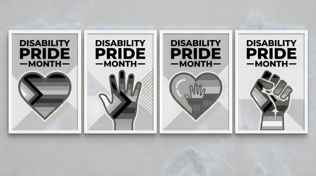 Disability pride month awareness posters with heart and hand symbols