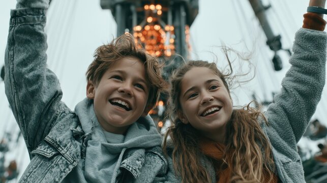 Two joyful children enjoying a thrilling amusement park ride, smiling with excitement and wind-swept hair.