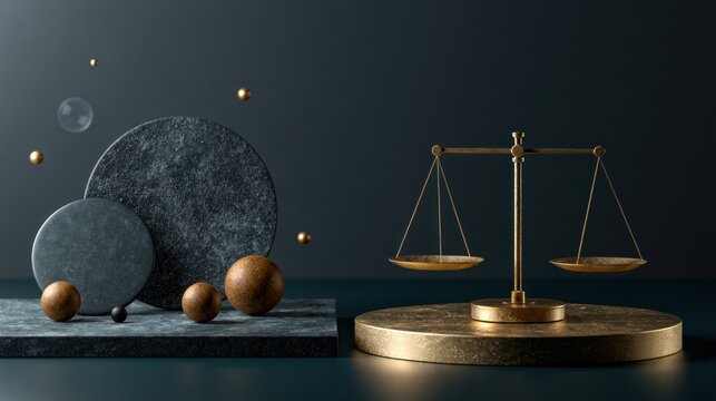 Gold scales of justice with dark spheres.