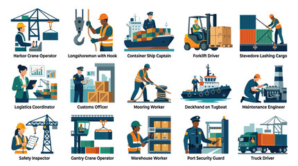 Naklejka premium Flat Design Icons: Maritime and Port Industry Professionals and Equipment