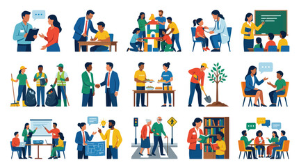 Fototapeta premium Flat Illustration of Diverse People in Education, Healthcare, Community, and Work