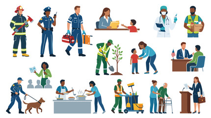 Fototapeta premium Diverse Community Occupations and Professional Workforce - Flat Vector Illustration Set
