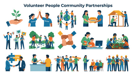 Fototapeta premium Flat Style Vector Icons Illustrating Community Partnerships and Volunteerism