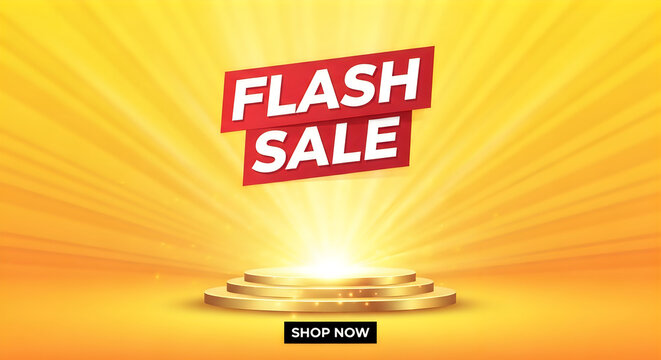 Flash sale banner with shop now button on golden pedestal