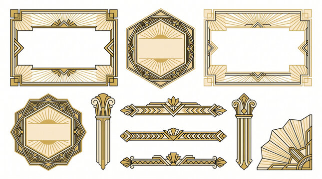 Art deco decorative frame and ornament collection with geometric rectangular borders, hexagonal medallion frames, chevron dividers, columns and fan corner ornaments, 1920s Parisian gold-on-cream style