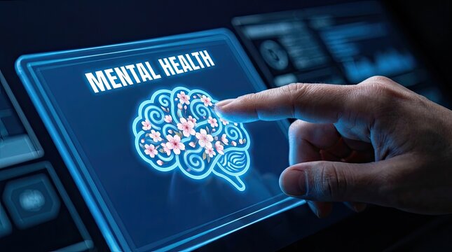 Mental health concept digital brain with blossoming flowers and human interaction