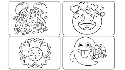 Fototapeta premium Cute Emoji and Fantasy Coloring Book Page for Kids – Black and White Outline